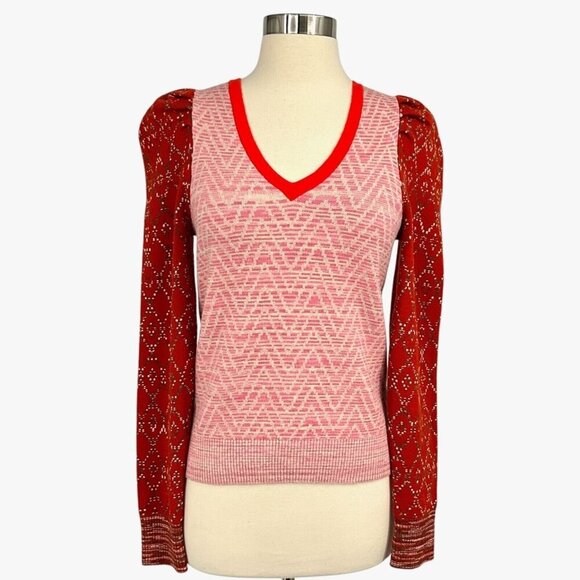 Anthropologie Cherie Puff Sleeved Pullover Sweater Size S V Neck Red Pink - Picture 1 of 8